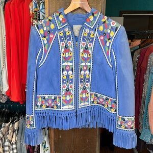 Double D Ranch Blue Suede Jacket with Floral Embroidery